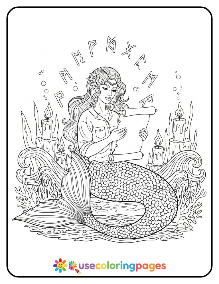 Mermaid Reading Ancient Scroll Coloring Page