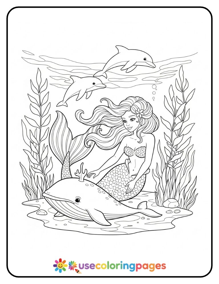 Mermaid Rescuing a Baby Whale Coloring Page