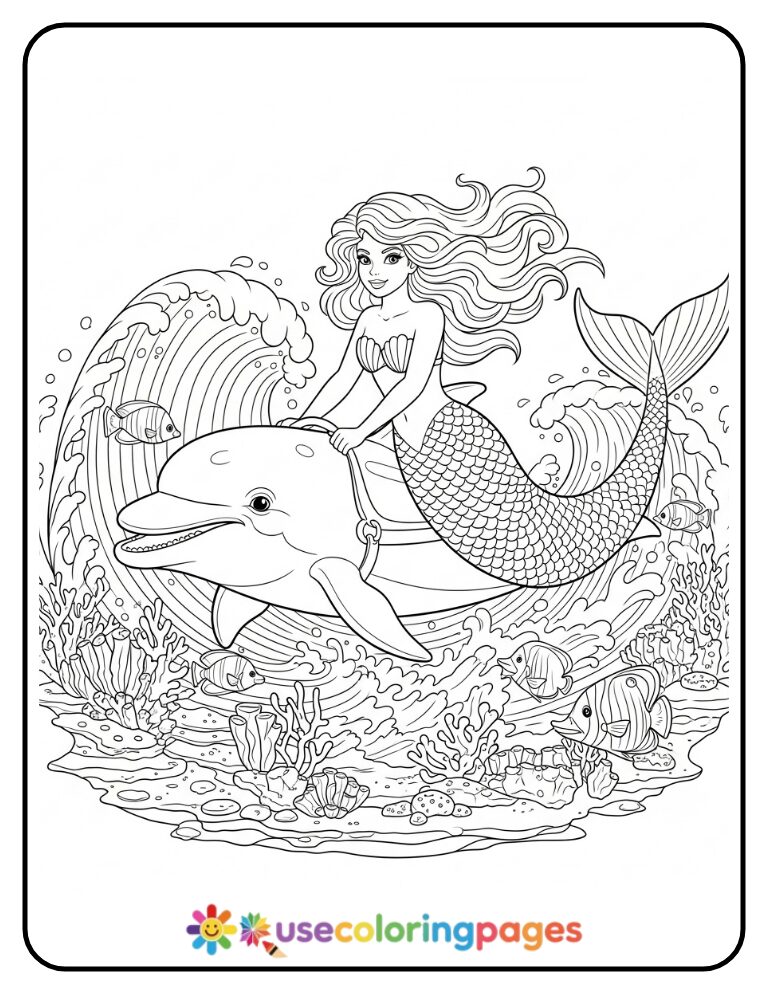 Mermaid Riding Dolphin Coloring Page Printable
