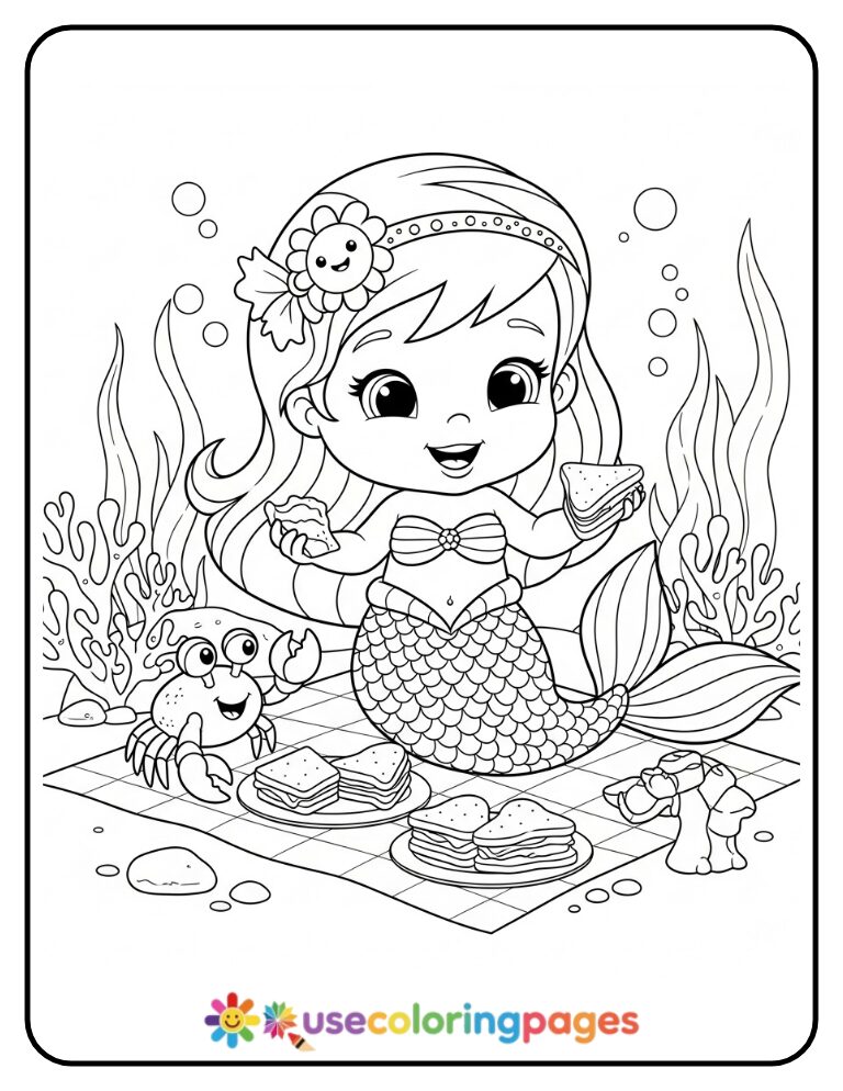 Mermaid Sharing Snacks with Crab Coloring Page