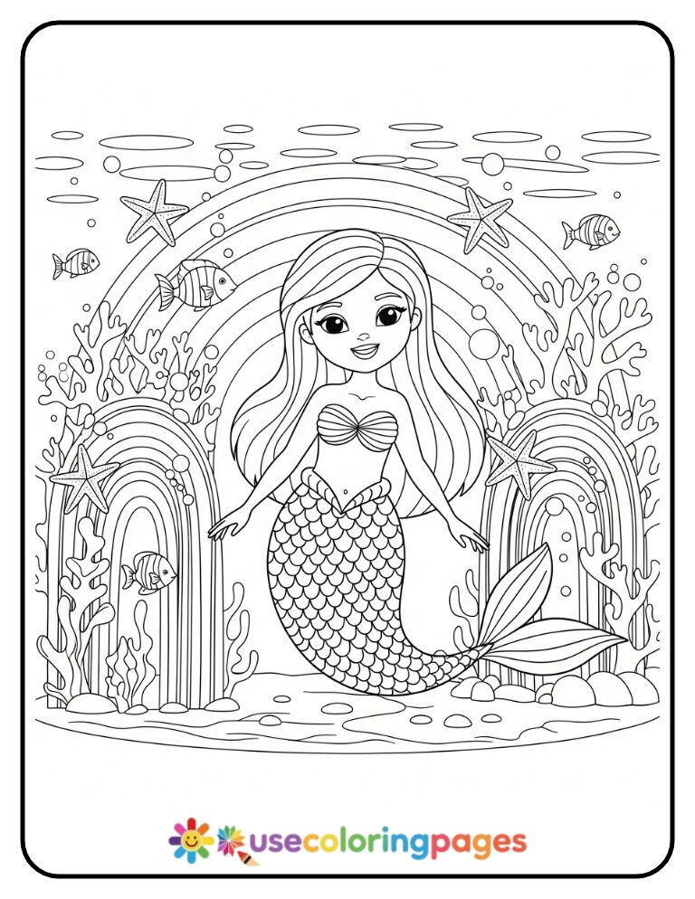 Mermaid Swimming Beneath Rainbow Coral Coloring Page