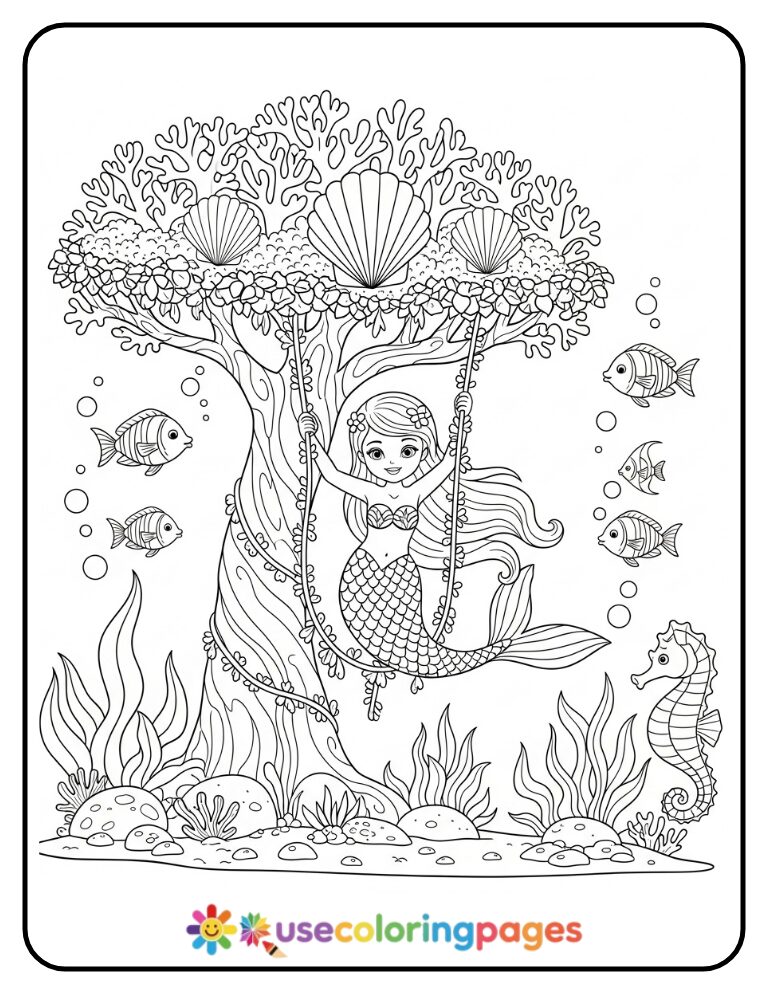 Mermaid Swinging on Coral Swing Coloring Page Printable