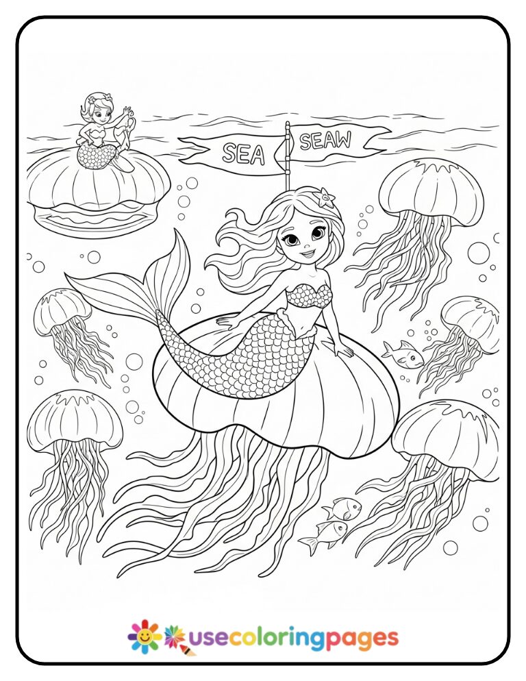 Mermaid Team Flying on Jellyfish Parade Coloring Page