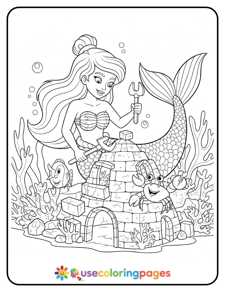 Mermaid and Crab Fixing Coral Homes Coloring Page