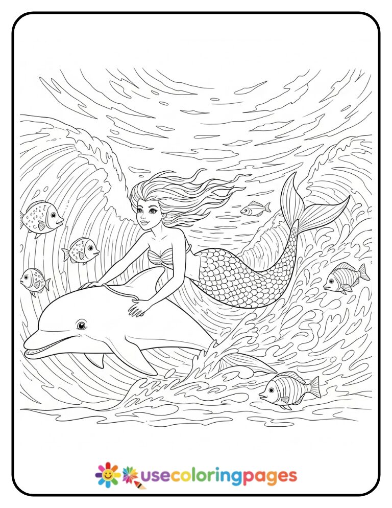Mermaid and Dolphin Racing Through Waves Coloring Page