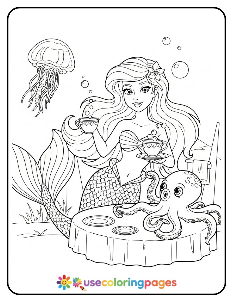 Mermaid and Octopus Tea Party Coloring Page Printable
