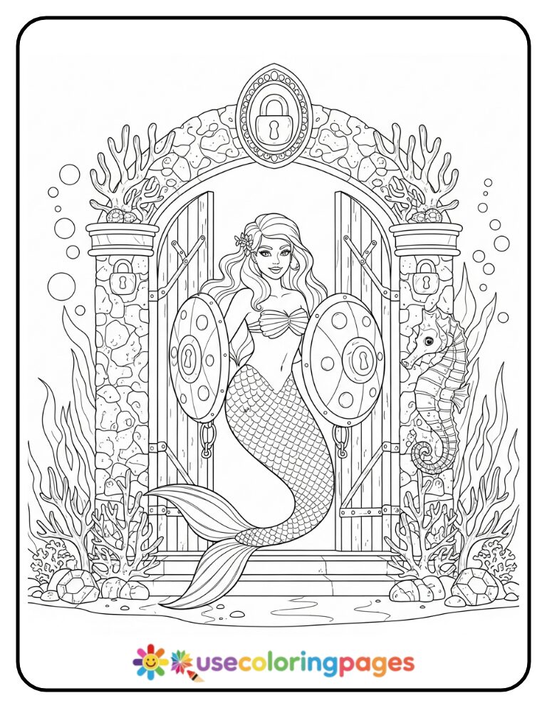 Mermaid and Seahorse Patrol Guarding Ocean Gate Coloring Page
