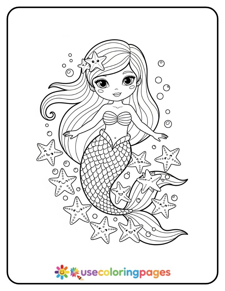 Mermaid and Starfish Friends Coloring Page