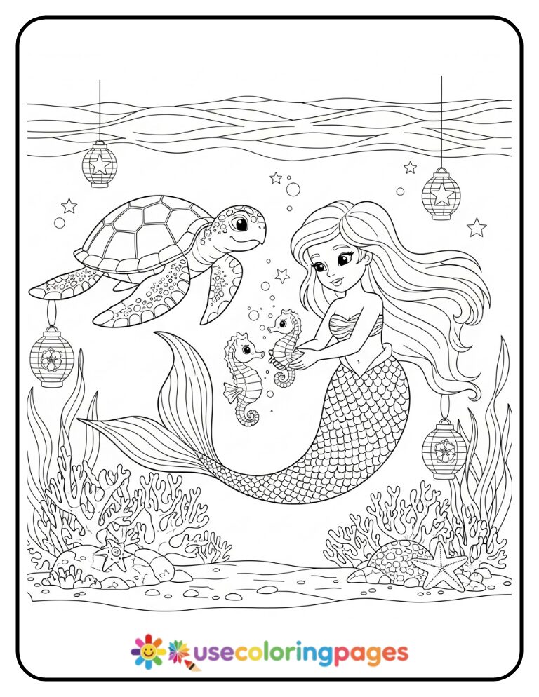 Mermaid and Turtle Saving Lost Seahorses Coloring Page
