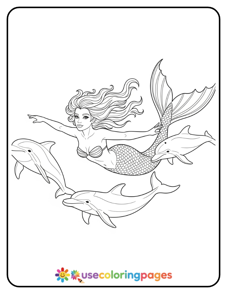Mermaid with Flowing Hair and Dolphins Coloring Page