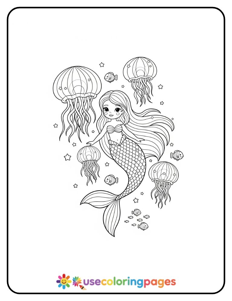 Mermaid with Jellyfish Lanterns Coloring Page