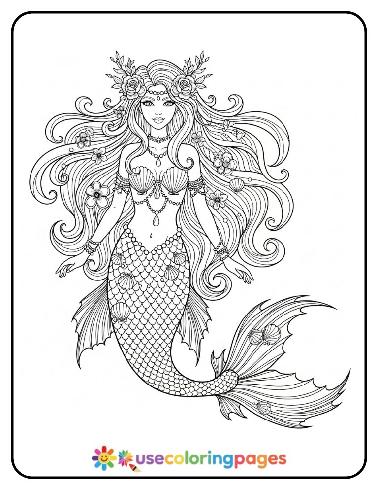 Mermaid with Patterned Hair Flow Coloring Page