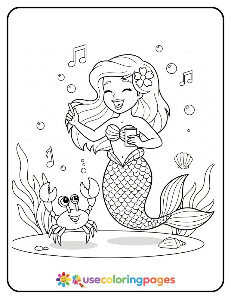 Mermaid with Red Hair Singing to a Crab Coloring Page