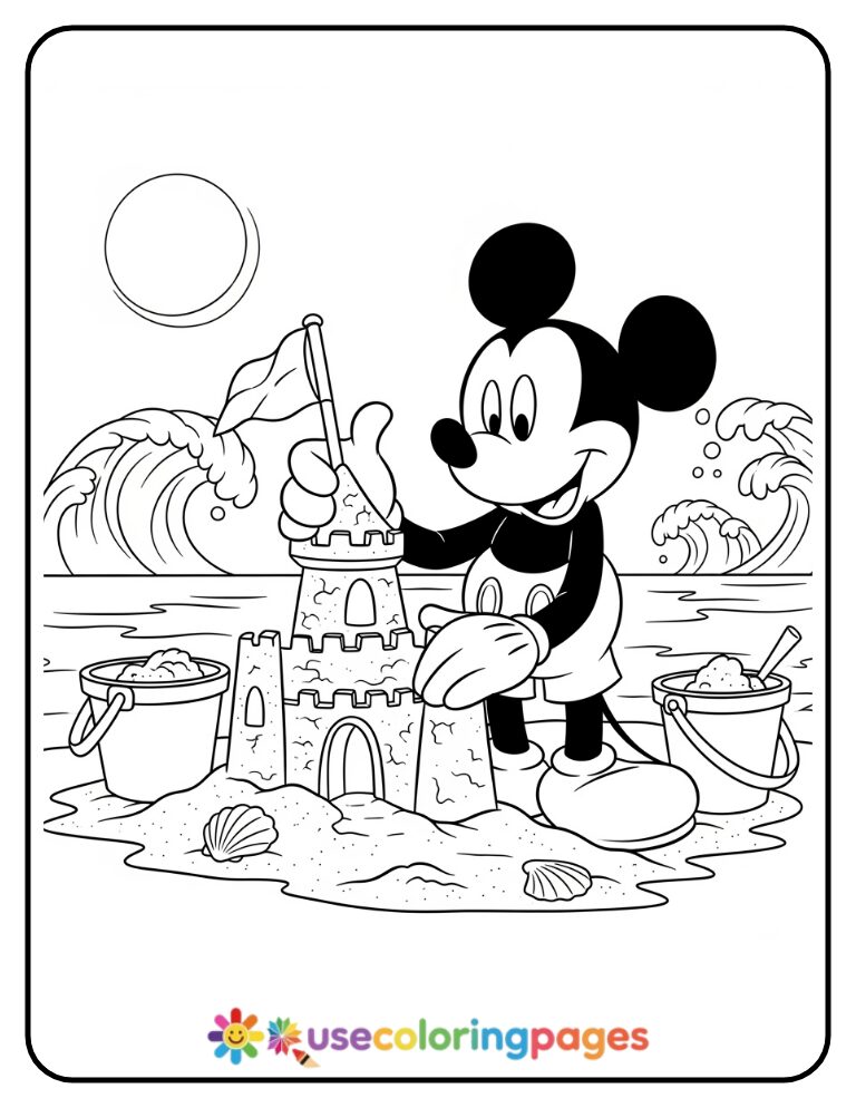 Mickey Mouse Building a Sandcastle Coloring Page