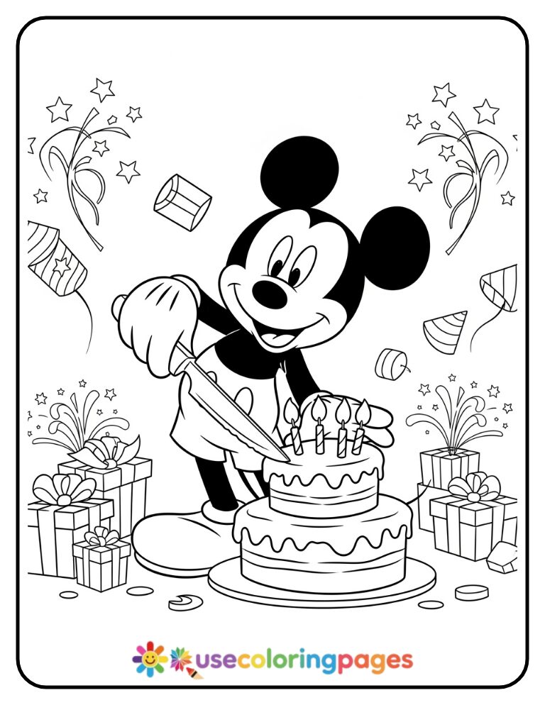 Mickey Mouse Cutting Birthday Cake Coloring Page