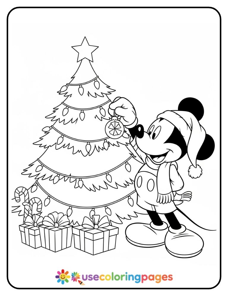 Mickey Mouse Decorating the Christmas Tree Coloring Page