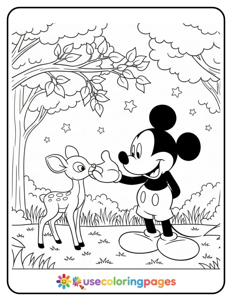 Mickey Mouse Feeding a Baby Deer Coloring Page