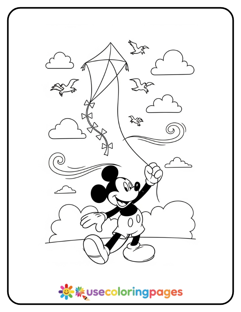 Mickey Mouse Flying a Kite Coloring Page