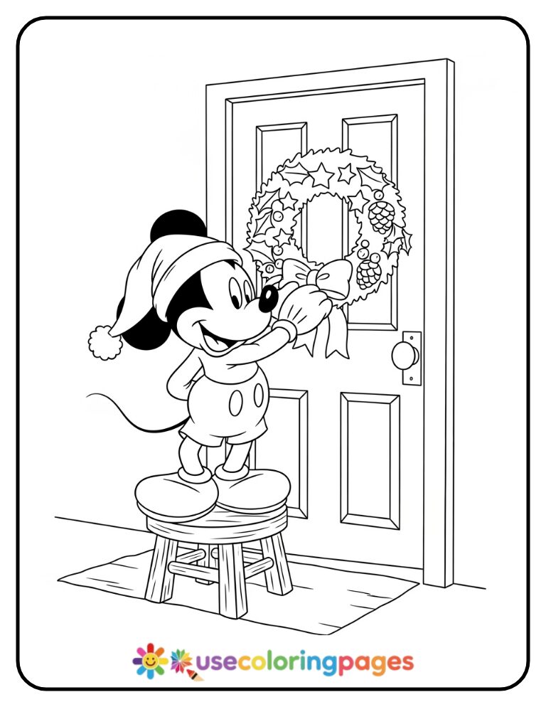 Mickey Mouse Hanging a Wreath Coloring Page