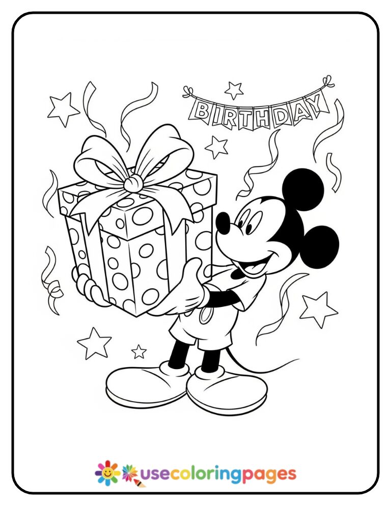 Mickey Mouse Holding Giant Gift Box Coloring Page