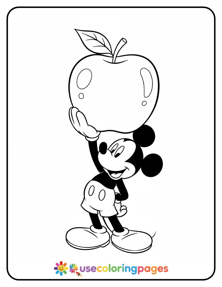 Mickey Mouse Holding a Big Apple Coloring Page