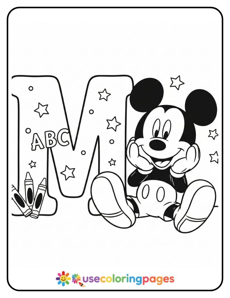 Mickey Mouse Holding a Big Letter M Coloring Page