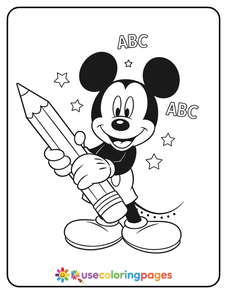 Mickey Mouse Holding a Giant Pencil Coloring Page