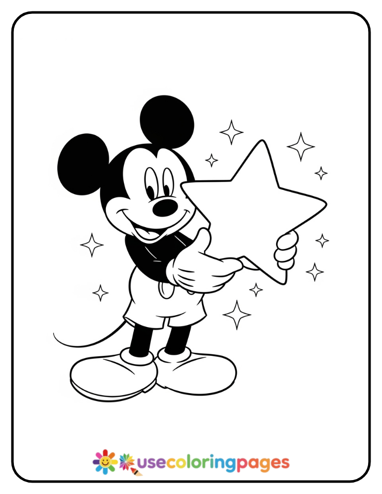 Mickey Mouse Holding a Star Coloring Page (1)
