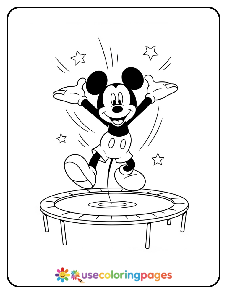 Mickey Mouse Jumping on a Trampoline Coloring Page