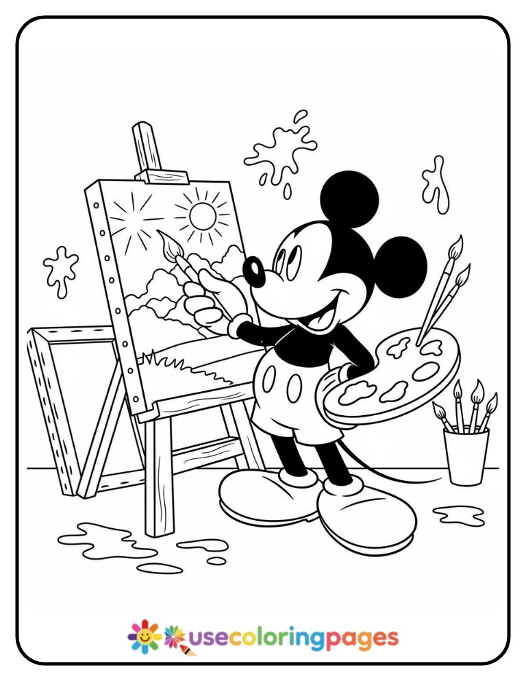 Mickey Mouse Painting on Easel Coloring Page