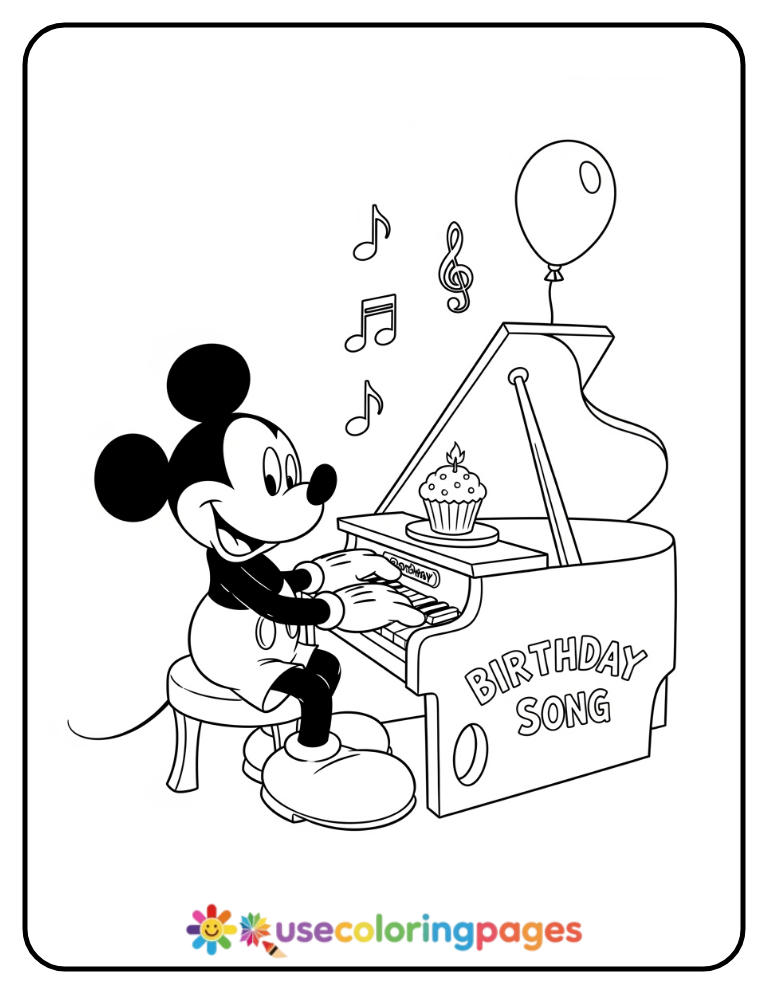 Mickey Mouse Playing Birthday Music Coloring Page