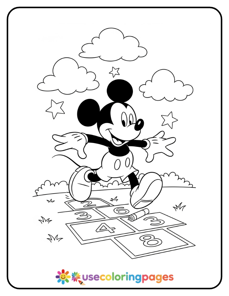 Mickey Mouse Playing Hopscotch Coloring Page