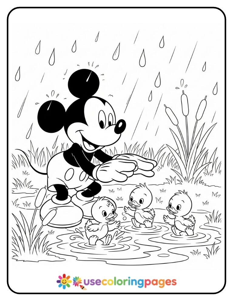 Mickey Mouse Playing with Ducklings Coloring Page