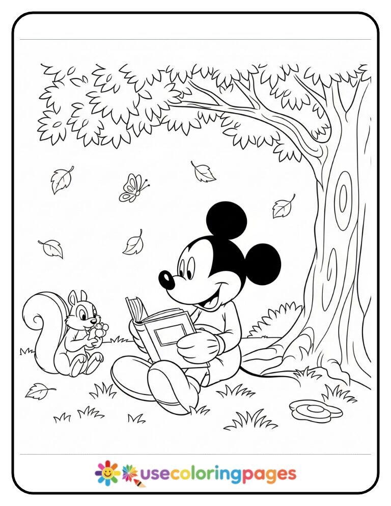 Mickey Mouse Reading Under a Tree Coloring Page