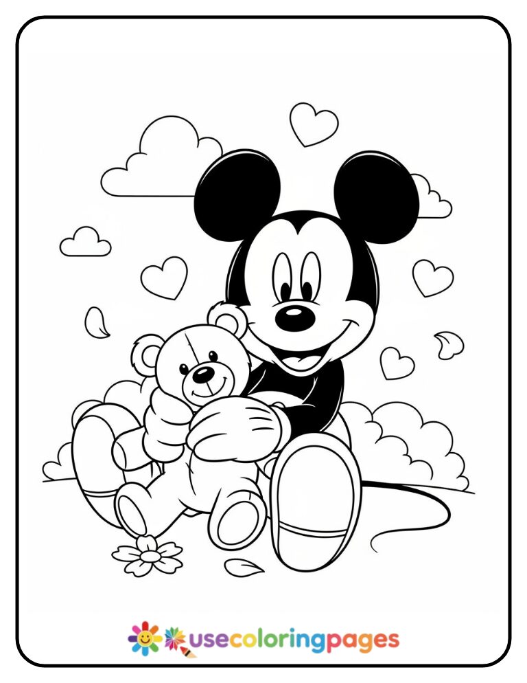 Mickey Mouse Sitting with a Teddy Bear Coloring Page