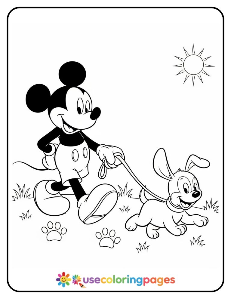 Mickey Mouse Walking a Puppy Coloring Page