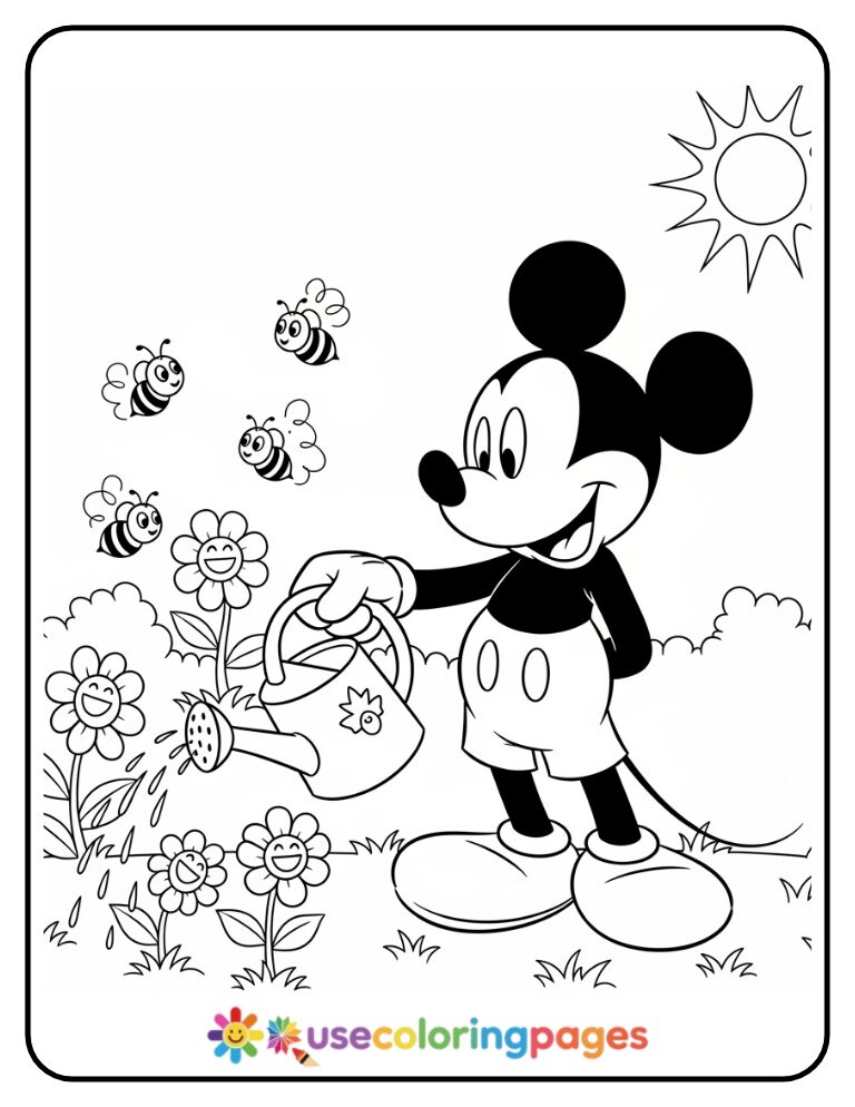 Mickey Mouse Watering Flowers Coloring Page