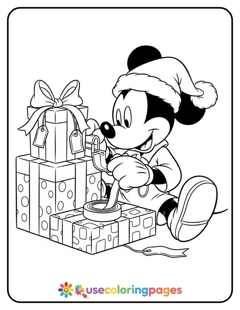 Mickey Mouse Wrapping Gifts Coloring Page
