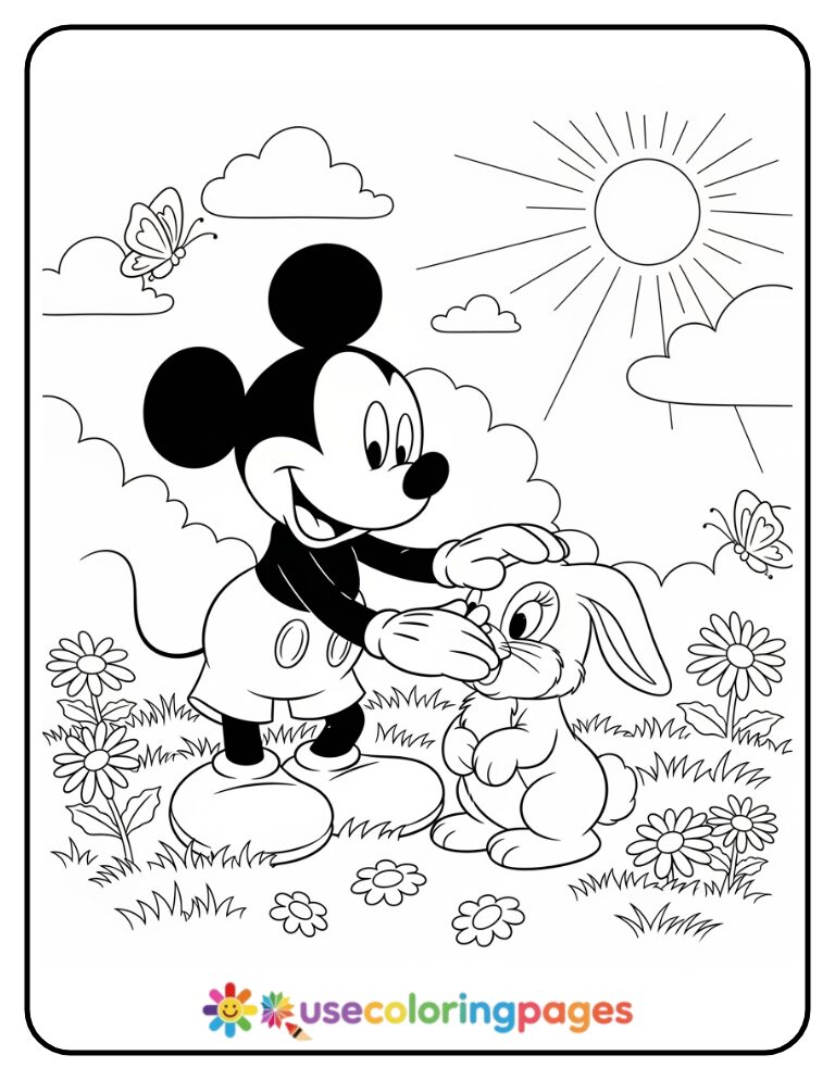 Mickey Mouse and Bunny Friend Coloring Page