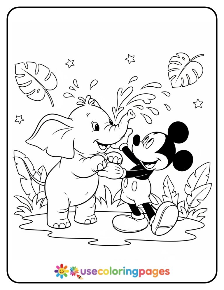 Mickey Mouse and Elephant Splash Time Coloring Page