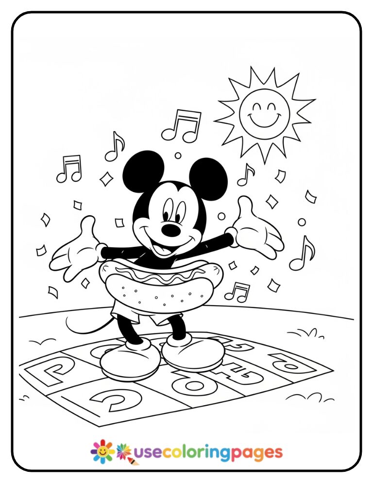 Mickey Mouse on Hot Dog Dance Mat Coloring Page