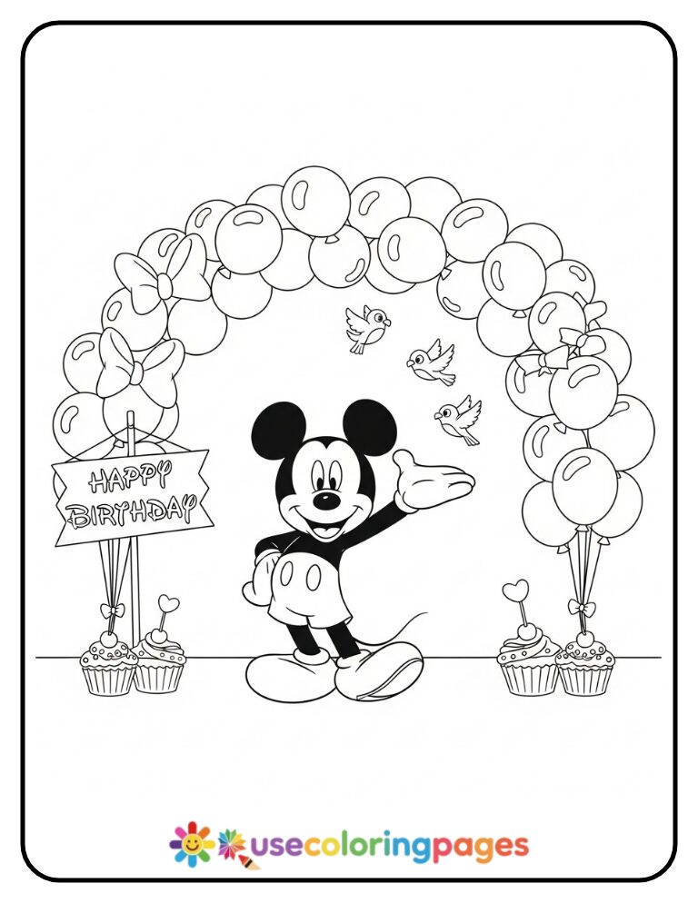 Mickey Mouse with Balloon Arch Coloring Page