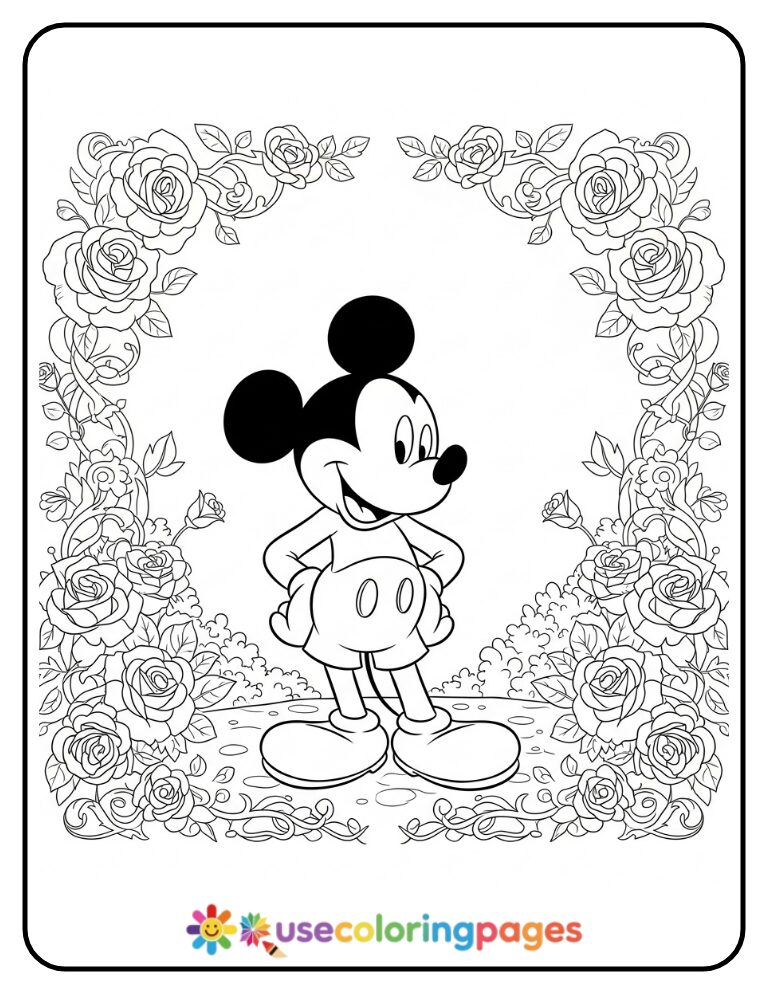 Mickey Mouse with Floral Garden Frame Coloring Page