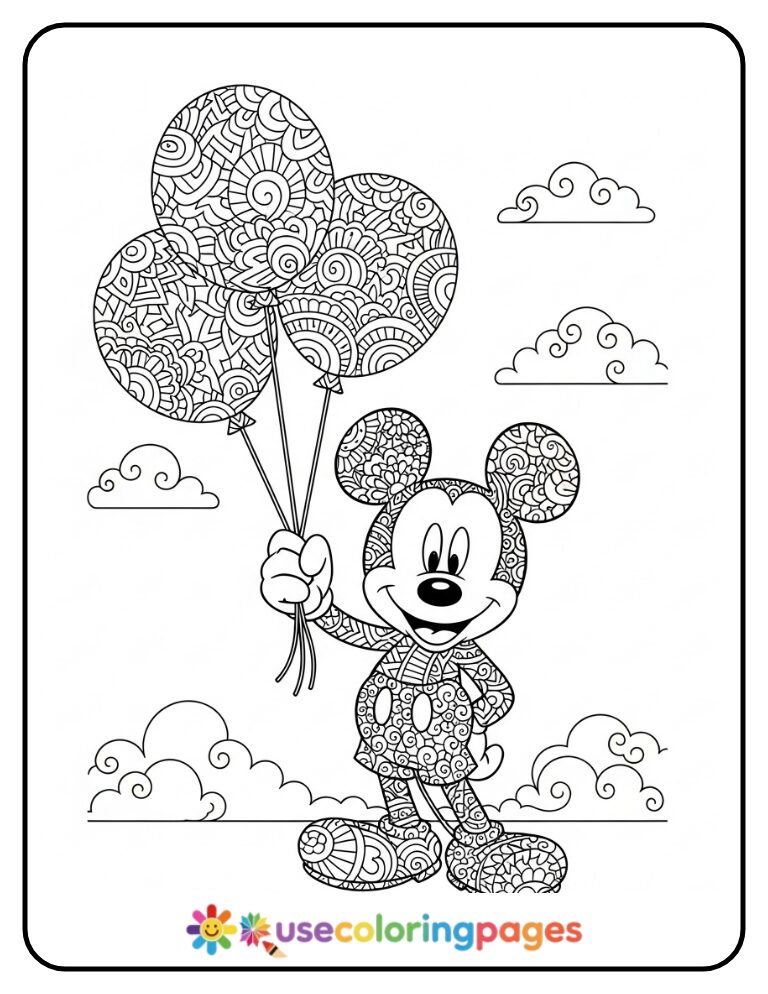 Mickey Mouse with Zentangle Balloons Coloring Page