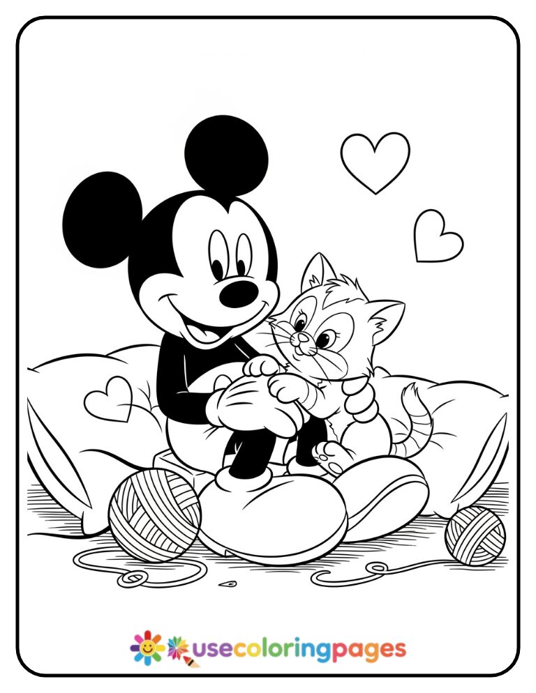 Mickey Mouse with a Curious Cat Coloring Page