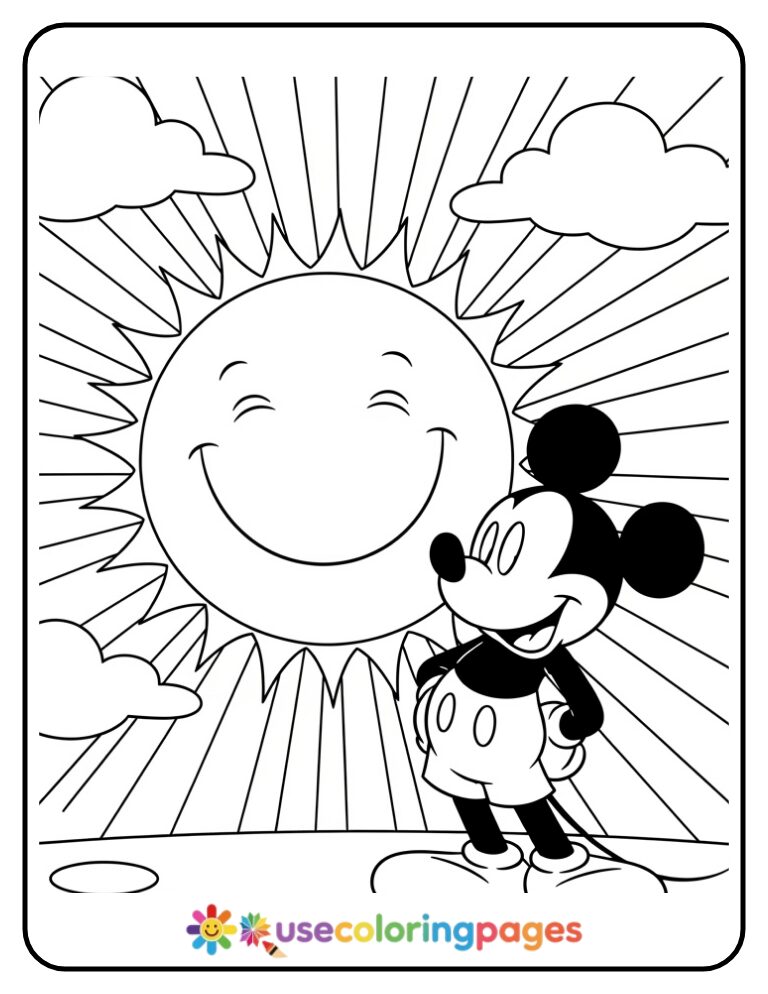 Mickey Mouse with a Smiley Sun Coloring Page