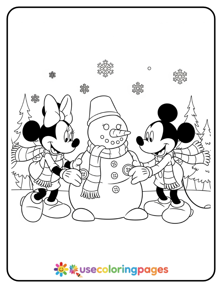 Mickey and Minnie Mouse Building a Snowman Coloring Page