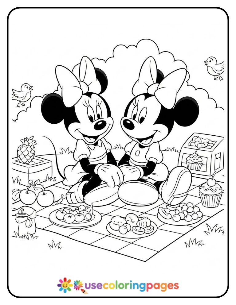 Mickey and Minnie Mouse Having a Picnic Coloring Page