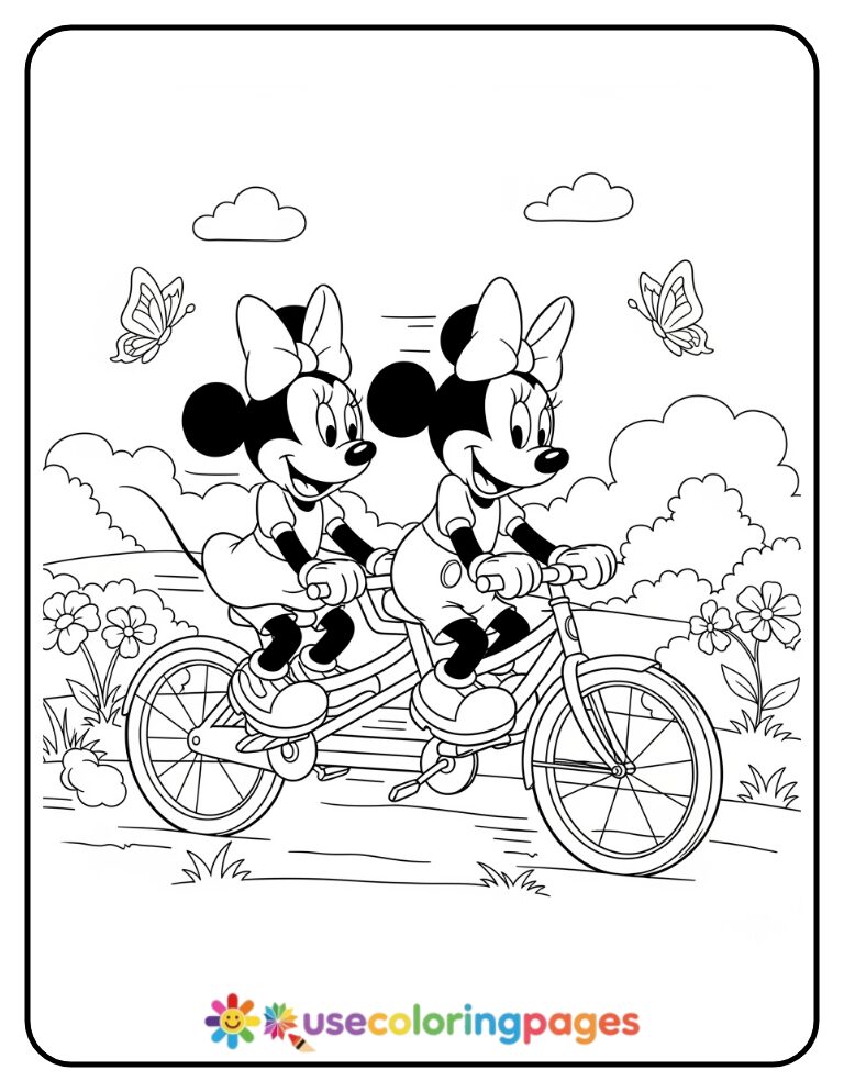 Mickey and Minnie Mouse Riding a Tandem Bike Coloring Page