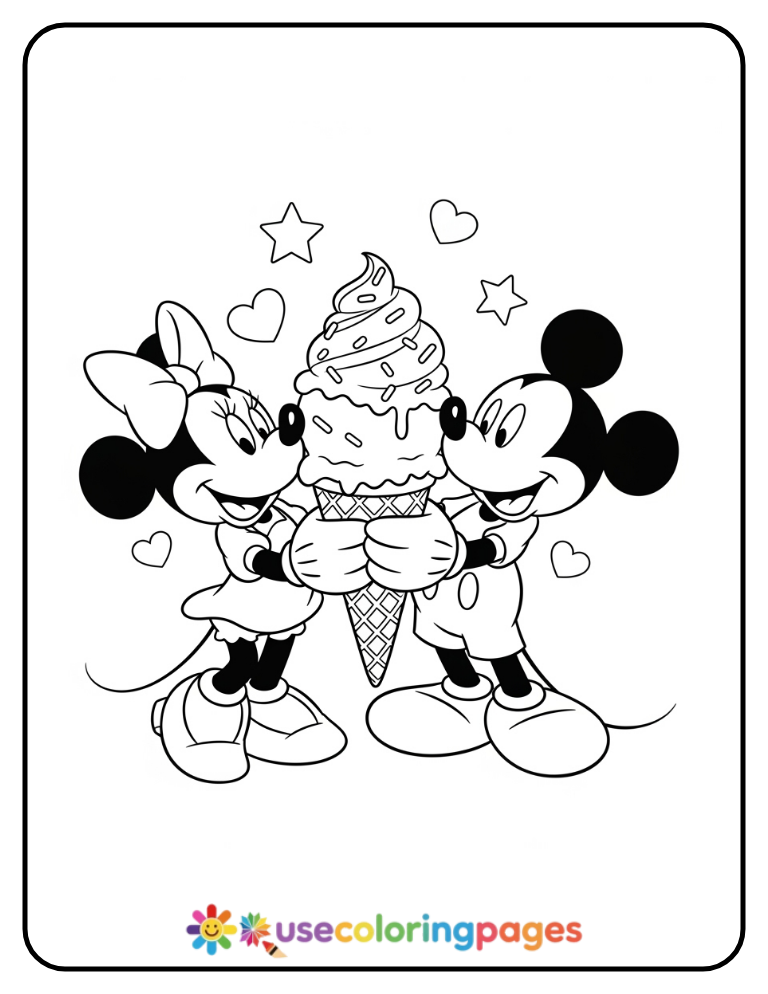 Mickey and Minnie Mouse Sharing Ice Cream Coloring Page